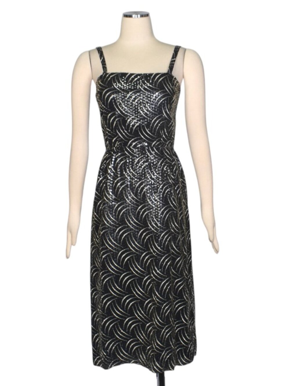Vintage 1970s Estevez Black Sequin Cocktail Dress Disco Swirl Sleeveless XS S